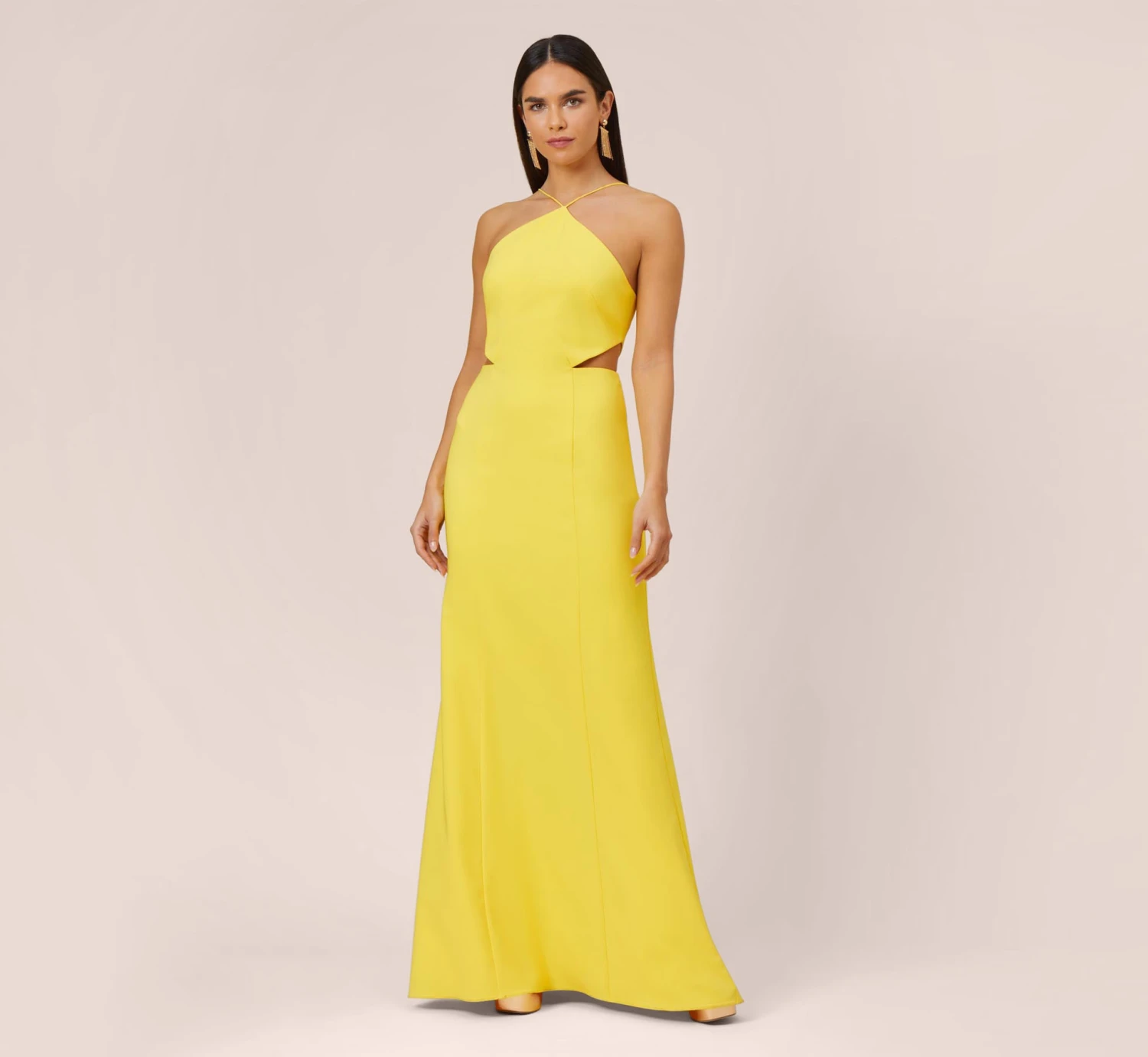 Stretch Crepe Long Halter Mermaid Dress With Cutouts In Lemon 1 Stretch Crepe Long Halter Mermaid Dress With Cutouts In Lemon