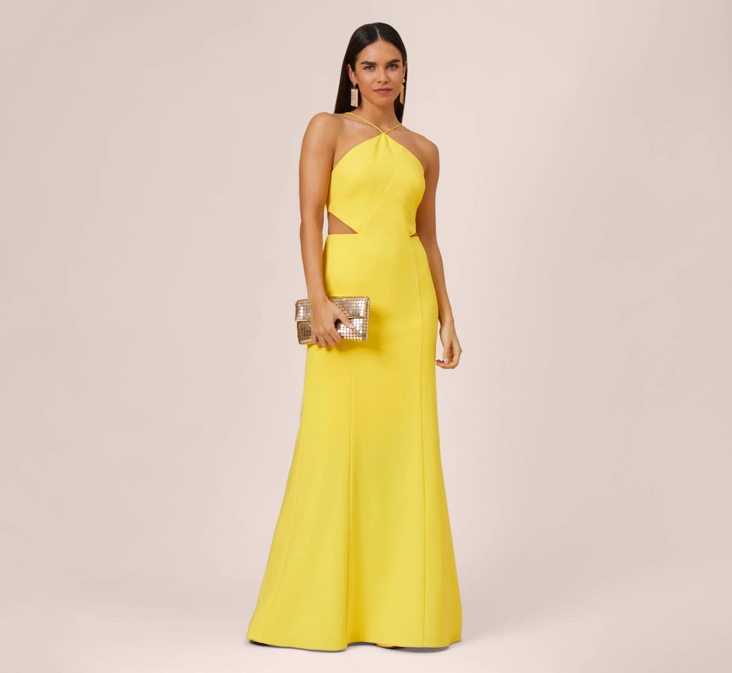 Stretch Crepe Long Halter Mermaid Dress With Cutouts In Lemon 2 Stretch Crepe Long Halter Mermaid Dress With Cutouts In Lemon - Image 2