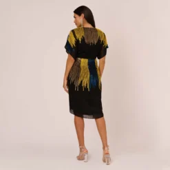 Beaded Faux Wrap Dress With Dolman Sleeves In Black Multi -Glam Mirth Sales MN1E206112 AA960 Regular Back