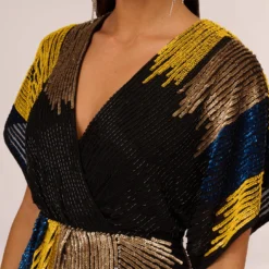 Beaded Faux Wrap Dress With Dolman Sleeves In Black Multi -Glam Mirth Sales MN1E206112 AA960 Regular Detail