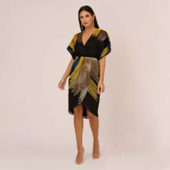 Beaded Faux Wrap Dress With Dolman Sleeves In Black Multi -Glam Mirth Sales MN1E206112 AA960 Regular Front