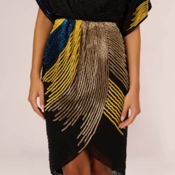 Beaded Faux Wrap Dress With Dolman Sleeves In Black Multi -Glam Mirth Sales MN1E206112 AA960 Regular Lifestyle