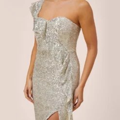 Sequined One-Shoulder Midi-Length Cocktail Dress With Ruffle In Champagne Silver -Glam Mirth Sales MN1E206313 AJ298 Regular Alternate