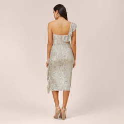 Sequined One-Shoulder Midi-Length Cocktail Dress With Ruffle In Champagne Silver -Glam Mirth Sales MN1E206313 AJ298 Regular Back