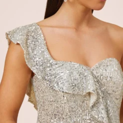 Sequined One-Shoulder Midi-Length Cocktail Dress With Ruffle In Champagne Silver -Glam Mirth Sales MN1E206313 AJ298 Regular Side