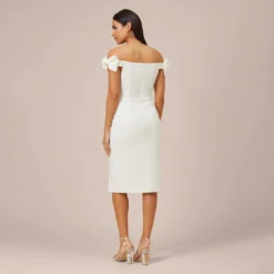 Off-The-Shoulder Crepe Cocktail Sheath Dress With Bows In Ivory 9 Off-The-Shoulder Crepe Cocktail Sheath Dress With Bows In Ivory -Glam Mirth Sales MN1E206372 AC194 Regular Back
