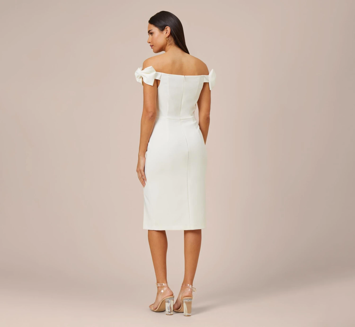 Off-The-Shoulder Crepe Cocktail Sheath Dress With Bows In Ivory 4 Off-The-Shoulder Crepe Cocktail Sheath Dress With Bows In Ivory - Image 4