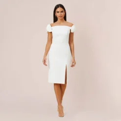 Off-The-Shoulder Crepe Cocktail Sheath Dress With Bows In Ivory
