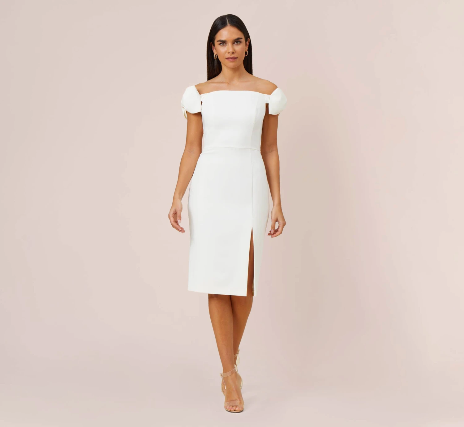 Off-The-Shoulder Crepe Cocktail Sheath Dress With Bows In Ivory 1 Off-The-Shoulder Crepe Cocktail Sheath Dress With Bows In Ivory