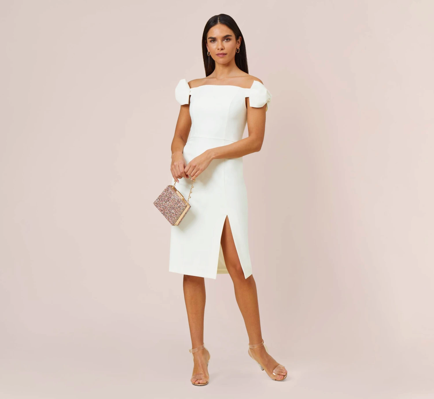 Off-The-Shoulder Crepe Cocktail Sheath Dress With Bows In Ivory 2 Off-The-Shoulder Crepe Cocktail Sheath Dress With Bows In Ivory - Image 2