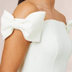 Off-The-Shoulder Crepe Cocktail Sheath Dress With Bows In Ivory 10 Off-The-Shoulder Crepe Cocktail Sheath Dress With Bows In Ivory -Glam Mirth Sales MN1E206372 AC194 Regular Side