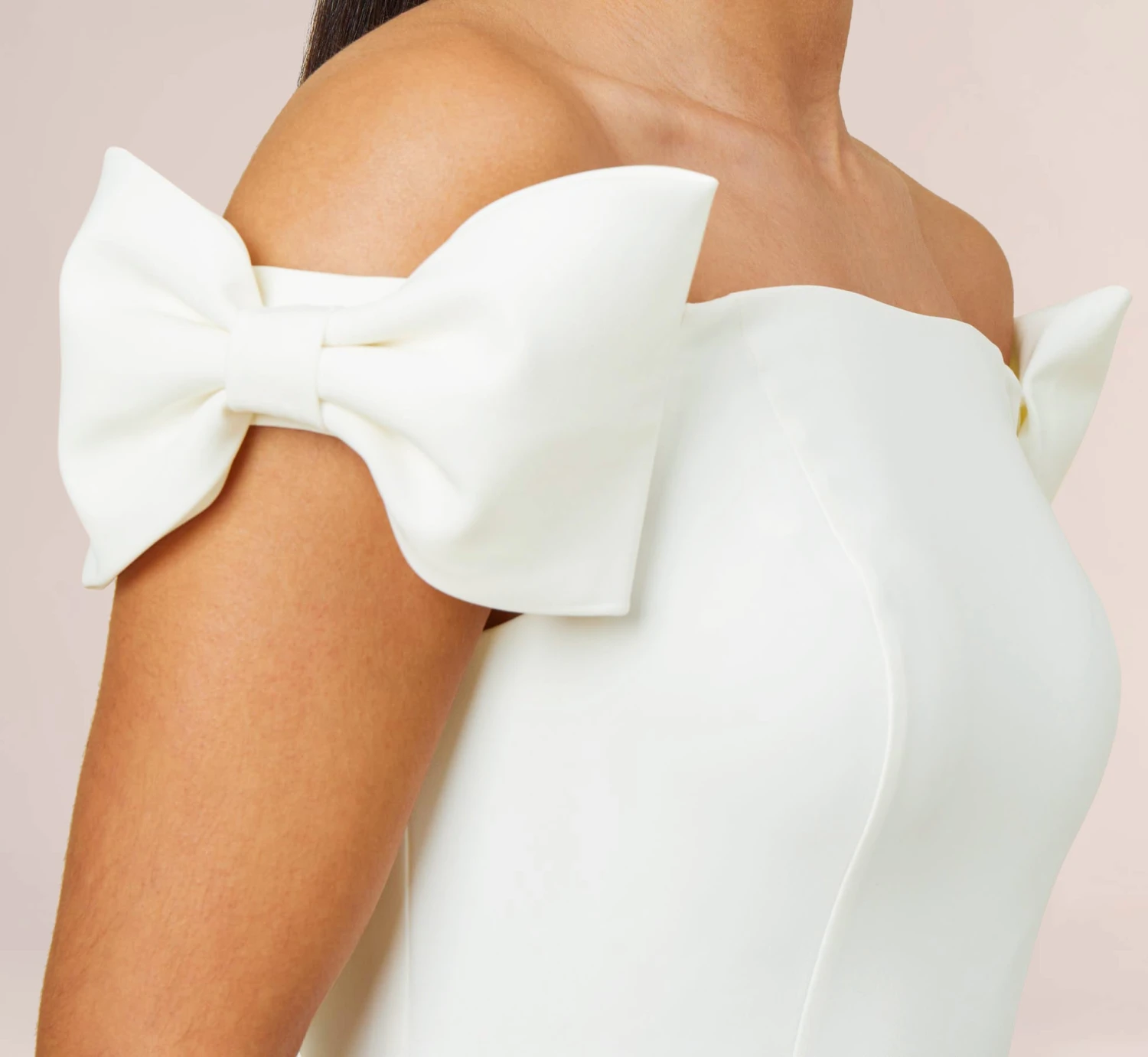 Off-The-Shoulder Crepe Cocktail Sheath Dress With Bows In Ivory 5 Off-The-Shoulder Crepe Cocktail Sheath Dress With Bows In Ivory - Image 5
