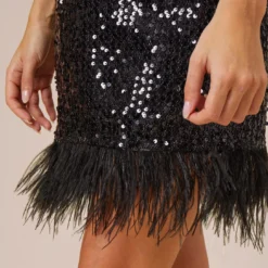 Sequined Trapeze Halter Dress With Feather Trim In Black 11 Sequined Trapeze Halter Dress With Feather Trim In Black -Glam Mirth Sales MN1E206390 AA002 Regular Alternate