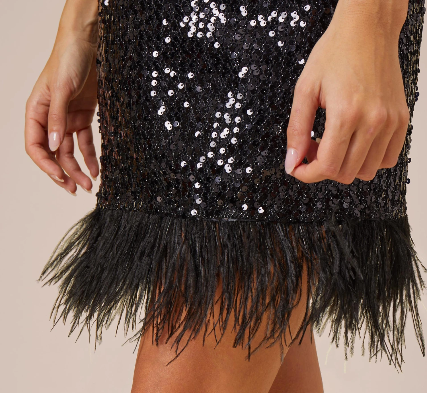 Sequined Trapeze Halter Dress With Feather Trim In Black 5 Sequined Trapeze Halter Dress With Feather Trim In Black - Image 5