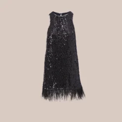 Sequined Trapeze Halter Dress With Feather Trim In Black 12 Sequined Trapeze Halter Dress With Feather Trim In Black -Glam Mirth Sales MN1E206390 AA002 Regular Flat