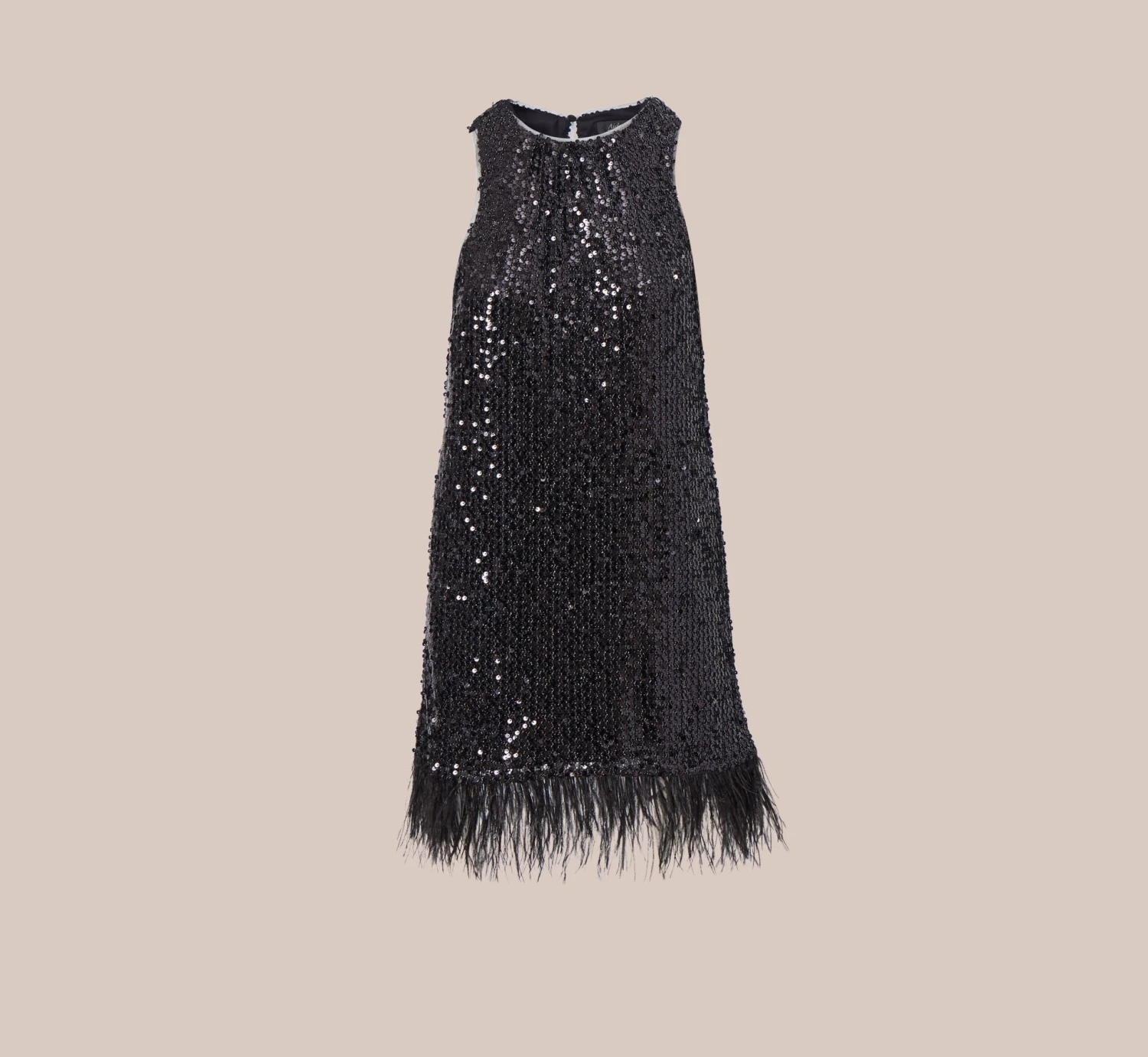 Sequined Trapeze Halter Dress With Feather Trim In Black 6 Sequined Trapeze Halter Dress With Feather Trim In Black - Image 6