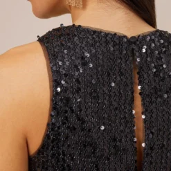 Sequined Trapeze Halter Dress With Feather Trim In Black 9 Sequined Trapeze Halter Dress With Feather Trim In Black -Glam Mirth Sales MN1E206390 AA002 Regular Side