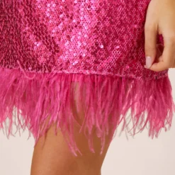 Sequined Trapeze Halter Dress With Feather Trim In Hot Pink 11 Sequined Trapeze Halter Dress With Feather Trim In Hot Pink -Glam Mirth Sales MN1E206390 AA672 Regular Alternate