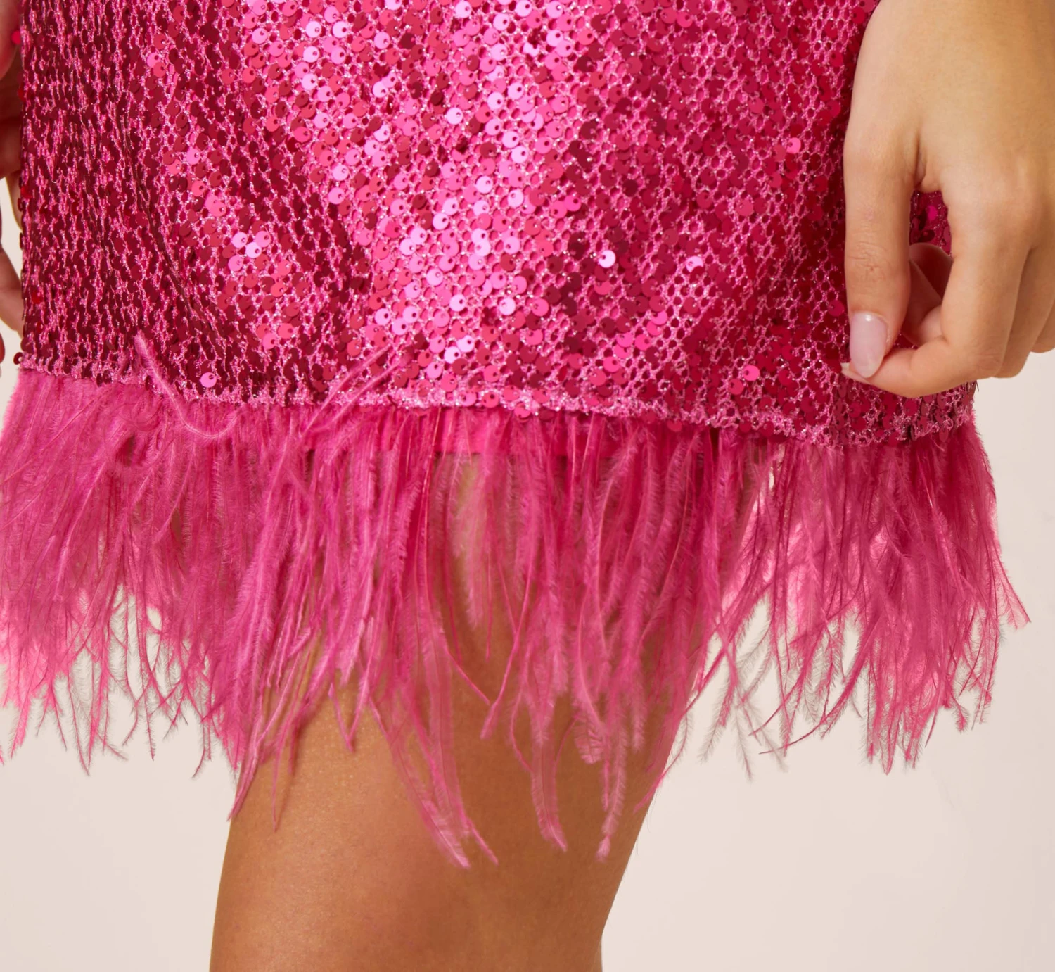 Sequined Trapeze Halter Dress With Feather Trim In Hot Pink 5 Sequined Trapeze Halter Dress With Feather Trim In Hot Pink - Image 5