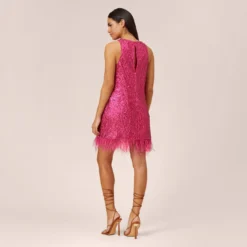 Sequined Trapeze Halter Dress With Feather Trim In Hot Pink 10 Sequined Trapeze Halter Dress With Feather Trim In Hot Pink -Glam Mirth Sales MN1E206390 AA672 Regular Back