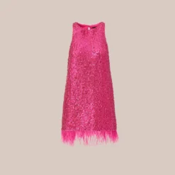 Sequined Trapeze Halter Dress With Feather Trim In Hot Pink 12 Sequined Trapeze Halter Dress With Feather Trim In Hot Pink -Glam Mirth Sales MN1E206390 AA672 Regular Flat