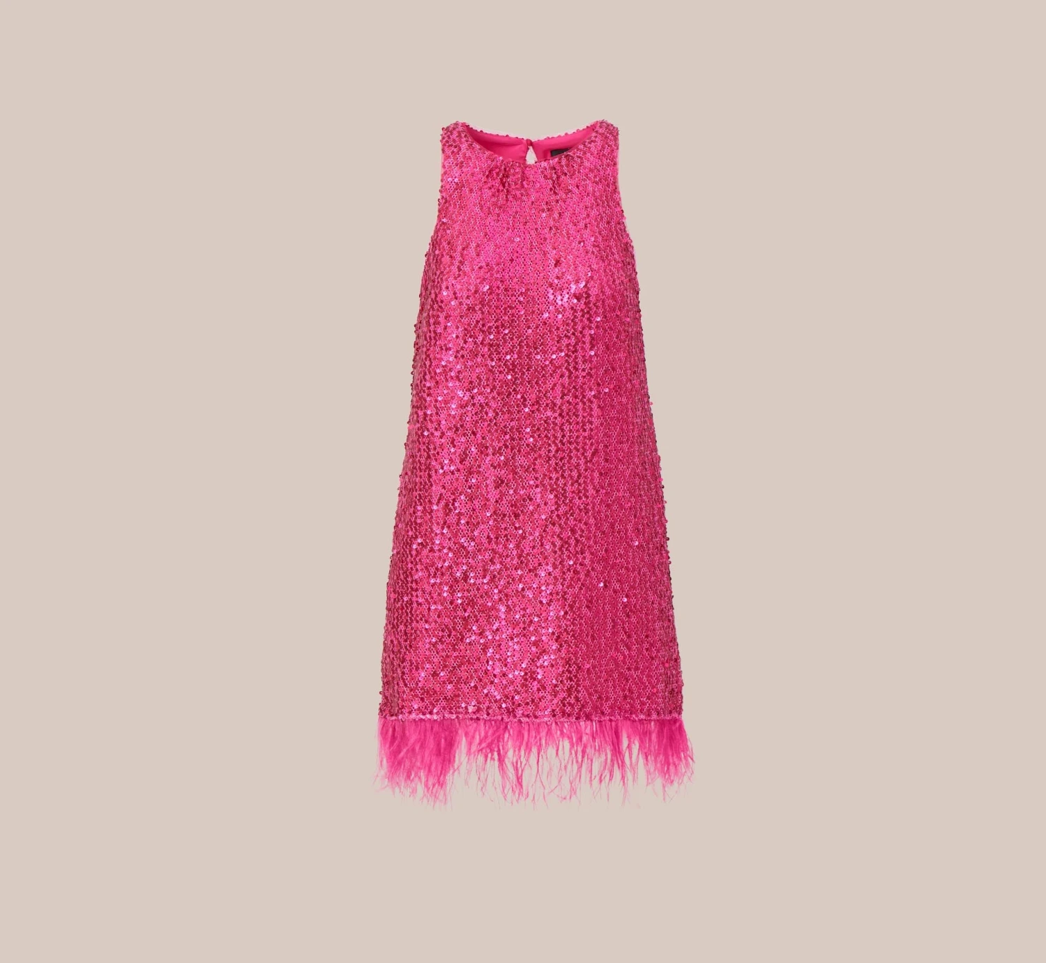 Sequined Trapeze Halter Dress With Feather Trim In Hot Pink 6 Sequined Trapeze Halter Dress With Feather Trim In Hot Pink - Image 6
