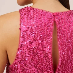 Sequined Trapeze Halter Dress With Feather Trim In Hot Pink 9 Sequined Trapeze Halter Dress With Feather Trim In Hot Pink -Glam Mirth Sales MN1E206390 AA672 Regular Side