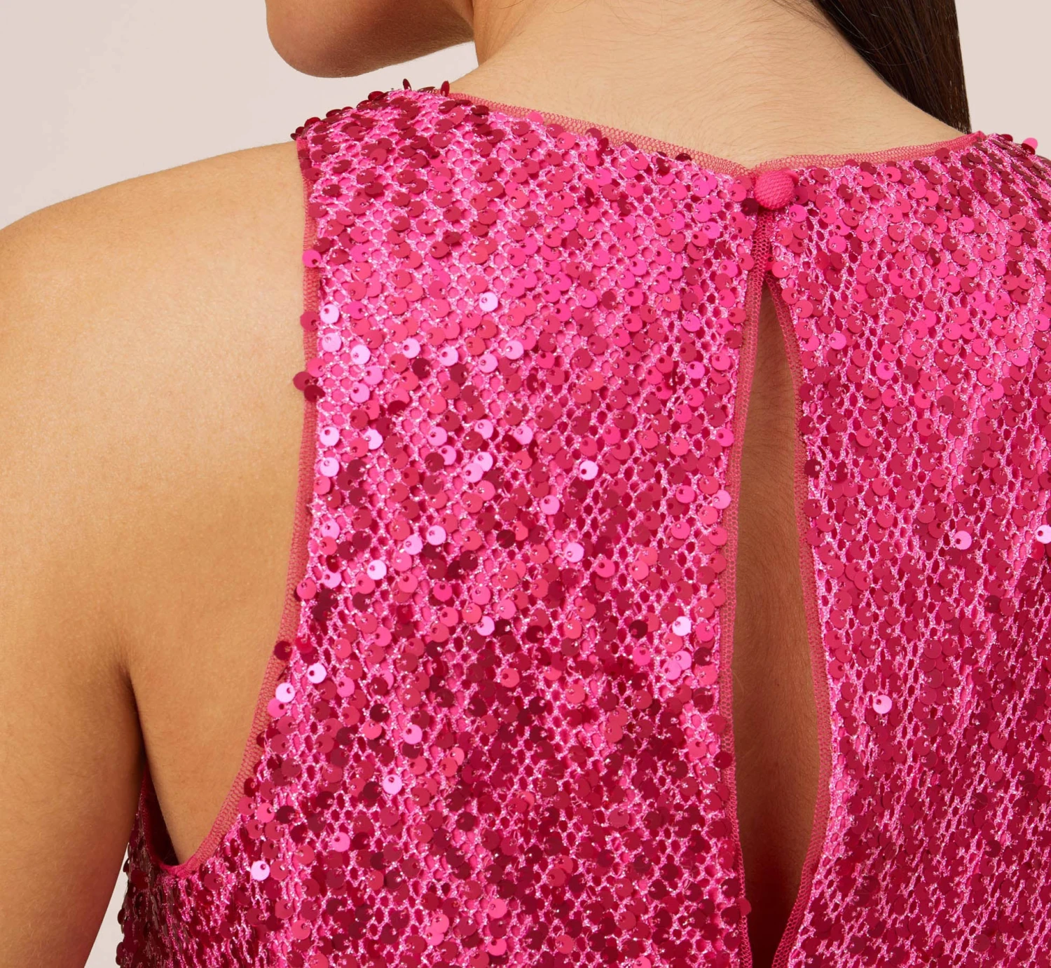Sequined Trapeze Halter Dress With Feather Trim In Hot Pink 3 Sequined Trapeze Halter Dress With Feather Trim In Hot Pink - Image 3