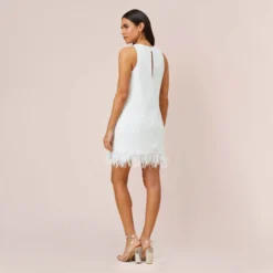 Sequined Trapeze Halter Dress With Feather Trim In Ivory 9 Sequined Trapeze Halter Dress With Feather Trim In Ivory -Glam Mirth Sales MN1E206390 AC194 Regular Back
