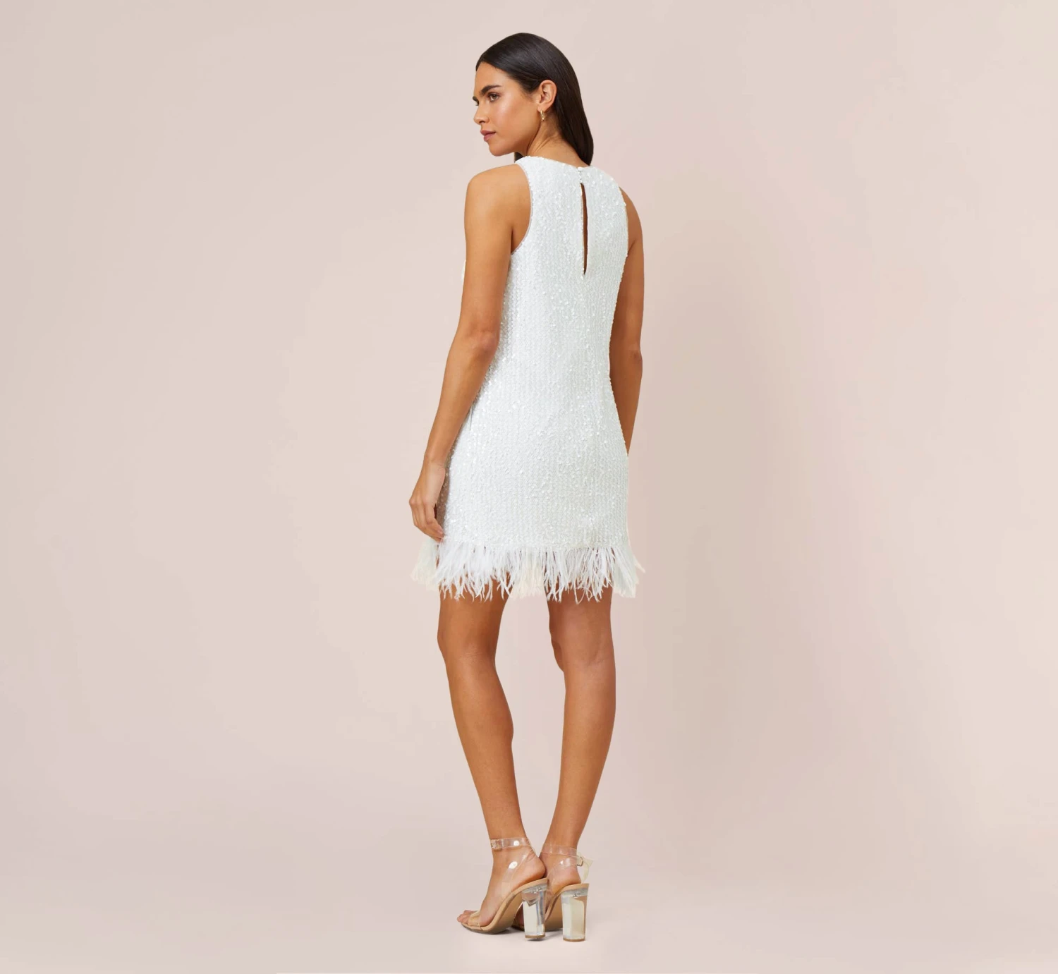Sequined Trapeze Halter Dress With Feather Trim In Ivory 4 Sequined Trapeze Halter Dress With Feather Trim In Ivory - Image 4