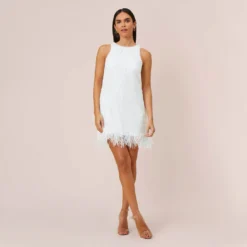 Sequined Trapeze Halter Dress With Feather Trim In Ivory