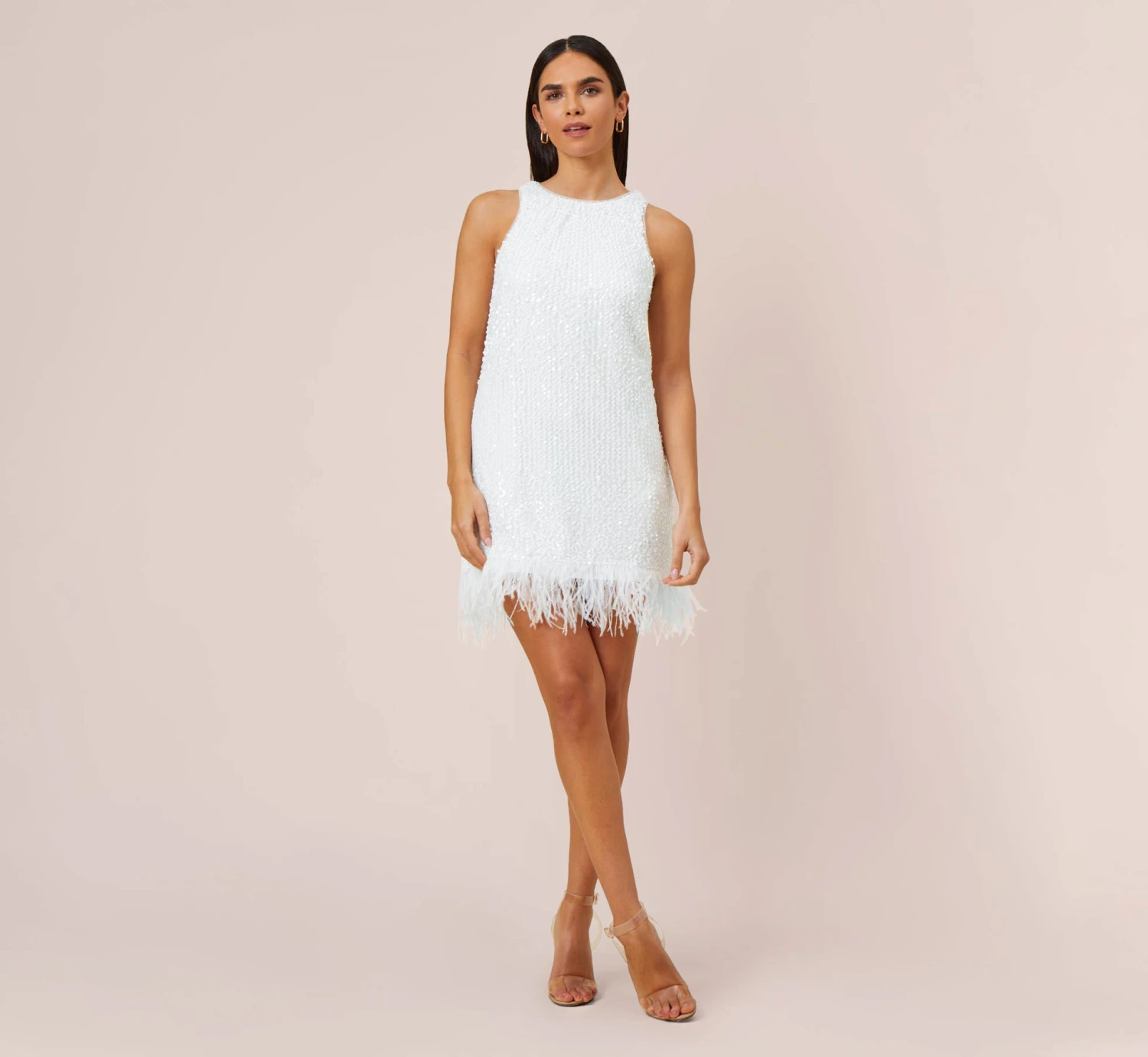 Sequined Trapeze Halter Dress With Feather Trim In Ivory 1 Sequined Trapeze Halter Dress With Feather Trim In Ivory