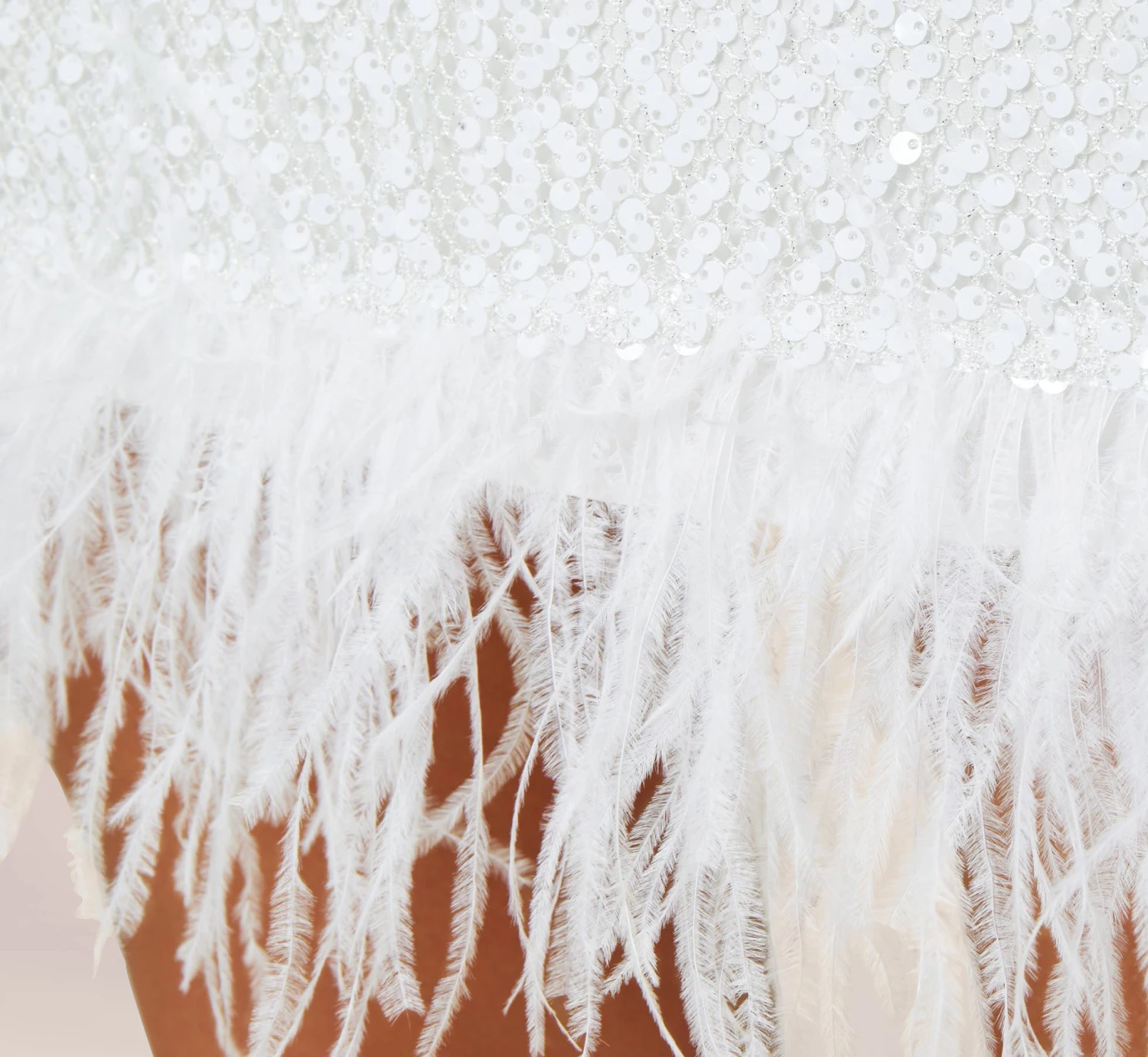 Sequined Trapeze Halter Dress With Feather Trim In Ivory 6 Sequined Trapeze Halter Dress With Feather Trim In Ivory - Image 6