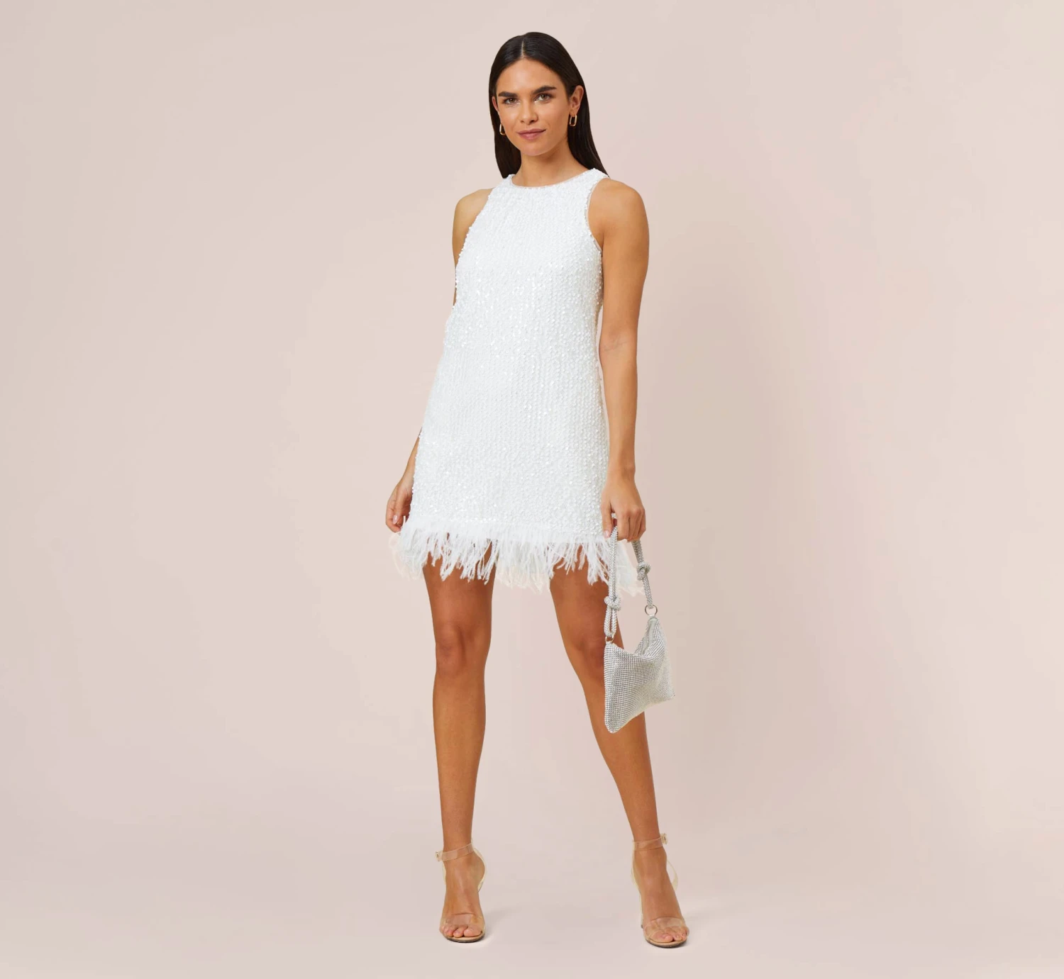 Sequined Trapeze Halter Dress With Feather Trim In Ivory 2 Sequined Trapeze Halter Dress With Feather Trim In Ivory - Image 2