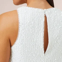 Sequined Trapeze Halter Dress With Feather Trim In Ivory 10 Sequined Trapeze Halter Dress With Feather Trim In Ivory -Glam Mirth Sales MN1E206390 AC194 Regular Side