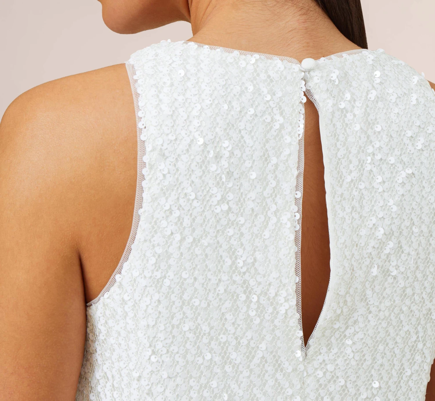 Sequined Trapeze Halter Dress With Feather Trim In Ivory 5 Sequined Trapeze Halter Dress With Feather Trim In Ivory - Image 5