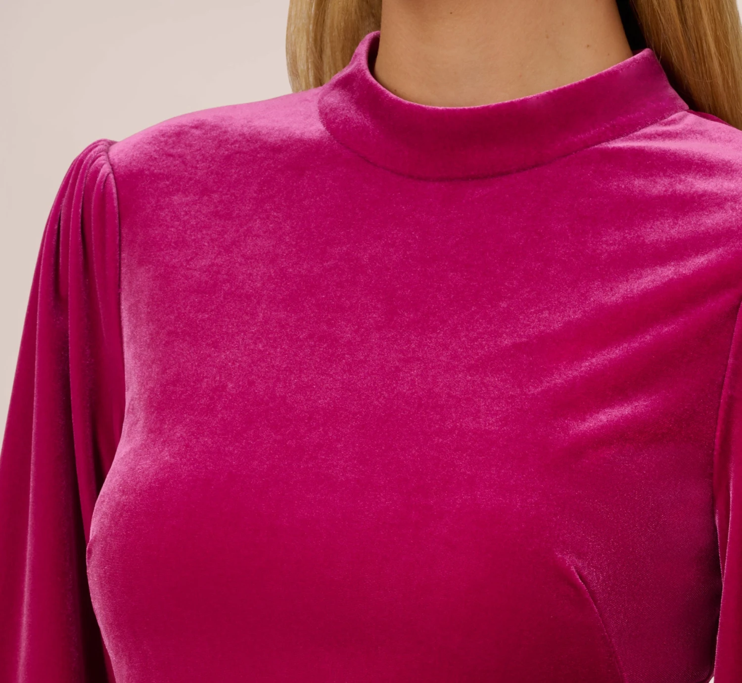 Velvet Short Sheath Cocktail Dress With Mutton Sleeves In Hot Pink 5 Velvet Short Sheath Cocktail Dress With Mutton Sleeves In Hot Pink - Image 5