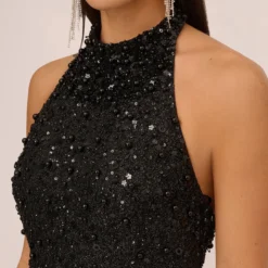 Hand-Beaded Halter Swing Dress In Black -Glam Mirth Sales MN1E206806 AA002 Regular Detail
