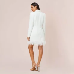Charmeuse Tuxedo Short Sheath Cocktail Dress With Feather Trim In Ivory -Glam Mirth Sales MN1E206883 AC194 Regular Back
