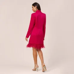 Charmeuse Tuxedo Short Sheath Cocktail Dress With Feather Trim In Bright Rose 9 Charmeuse Tuxedo Short Sheath Cocktail Dress With Feather Trim In Bright Rose -Glam Mirth Sales MN1E206883 AN670 Regular Back
