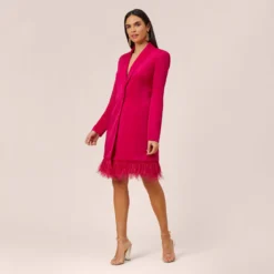 Charmeuse Tuxedo Short Sheath Cocktail Dress With Feather Trim In Bright Rose