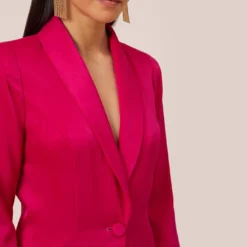 Charmeuse Tuxedo Short Sheath Cocktail Dress With Feather Trim In Bright Rose 10 Charmeuse Tuxedo Short Sheath Cocktail Dress With Feather Trim In Bright Rose -Glam Mirth Sales MN1E206883 AN670 Regular Side