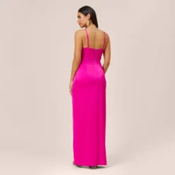 Stretch Satin Cowl Neck Long Column Gown With Slit In Pink Flame 9 Stretch Satin Cowl Neck Long Column Gown With Slit In Pink Flame -Glam Mirth Sales MN1E206926 AR670 Regular Back