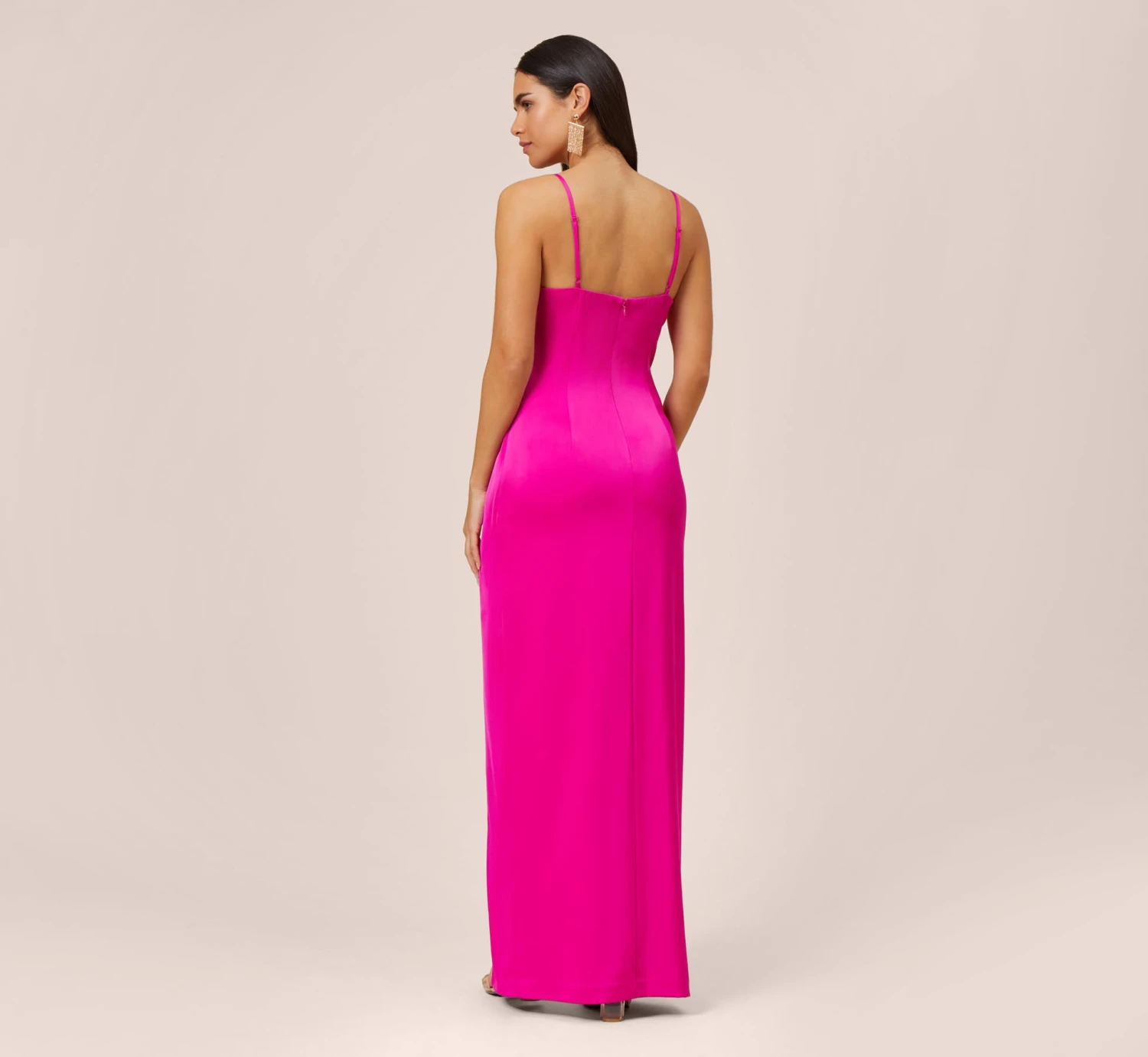 Stretch Satin Cowl Neck Long Column Gown With Slit In Pink Flame 4 Stretch Satin Cowl Neck Long Column Gown With Slit In Pink Flame - Image 4