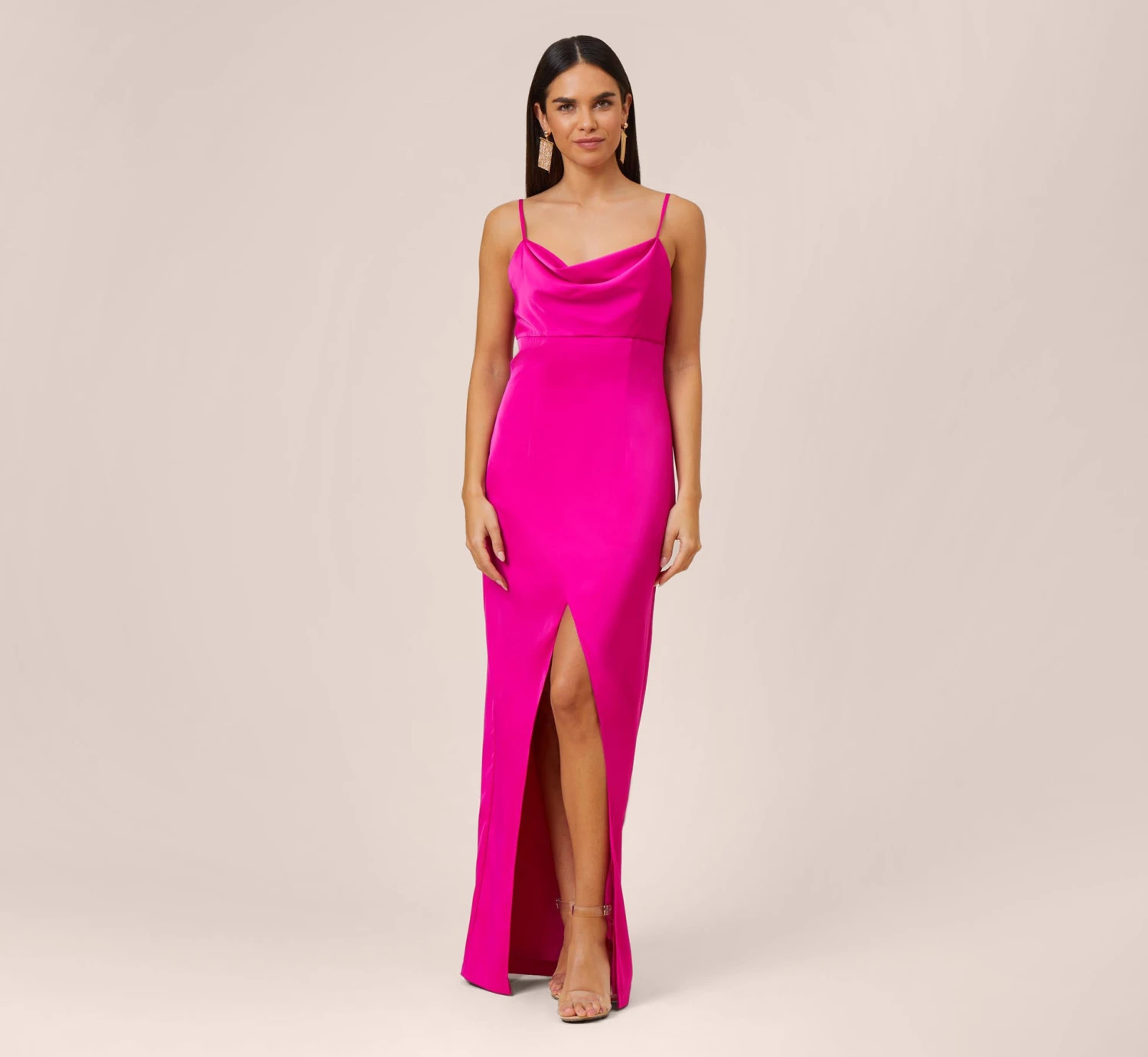 Stretch Satin Cowl Neck Long Column Gown With Slit In Pink Flame 1 Stretch Satin Cowl Neck Long Column Gown With Slit In Pink Flame