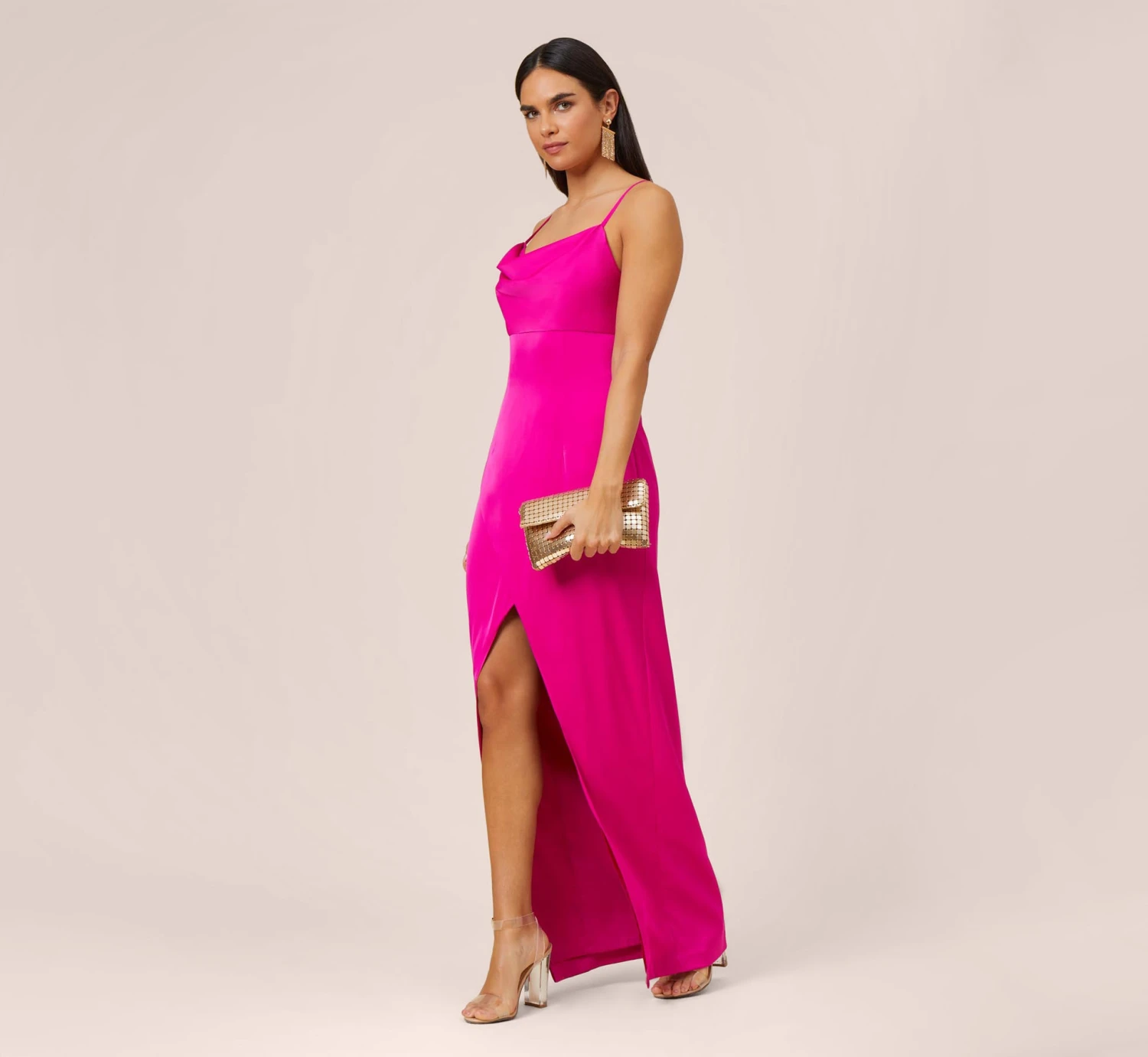 Stretch Satin Cowl Neck Long Column Gown With Slit In Pink Flame 2 Stretch Satin Cowl Neck Long Column Gown With Slit In Pink Flame - Image 2