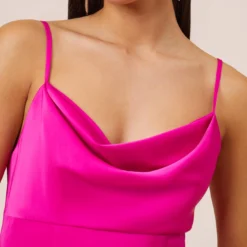 Stretch Satin Cowl Neck Long Column Gown With Slit In Pink Flame 10 Stretch Satin Cowl Neck Long Column Gown With Slit In Pink Flame -Glam Mirth Sales MN1E206926 AR670 Regular Side