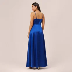 Twist Front Satin Gown With Cutout In True Blue -Glam Mirth Sales MN1E206933 AA400 Regular Back