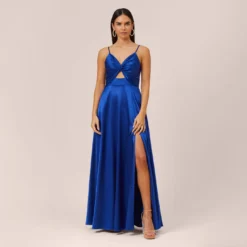 Twist Front Satin Gown With Cutout In True Blue