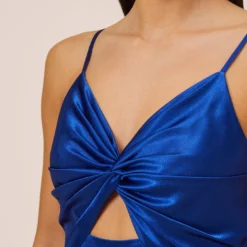 Twist Front Satin Gown With Cutout In True Blue -Glam Mirth Sales MN1E206933 AA400 Regular Side